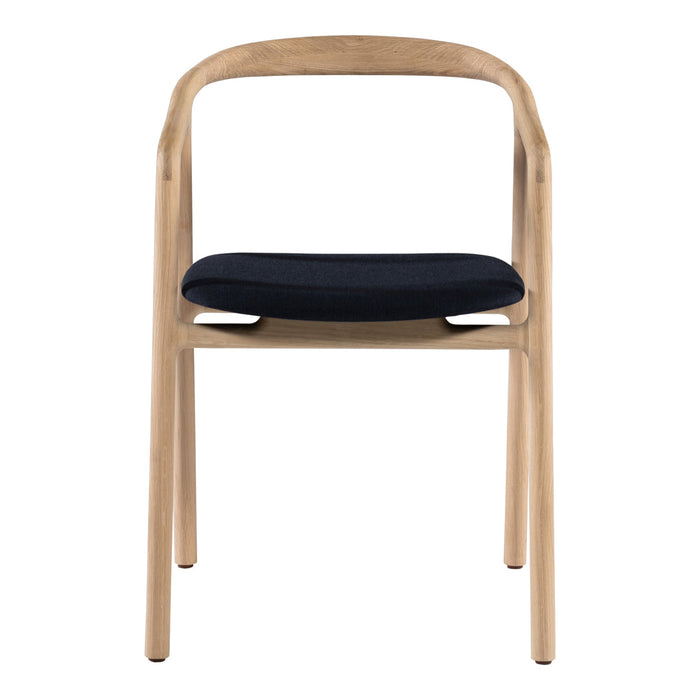Natural wood chair with a sleek design and a solid navy blue upholstered seat. Ideal for modern decor.