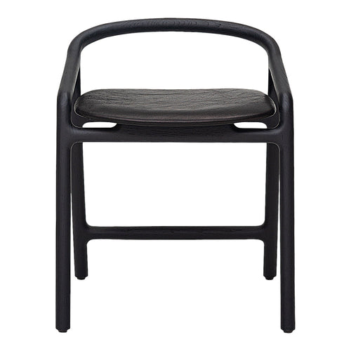 Black minimalist chair with a sleek design and wooden seat, featuring smooth curves and clean lines.