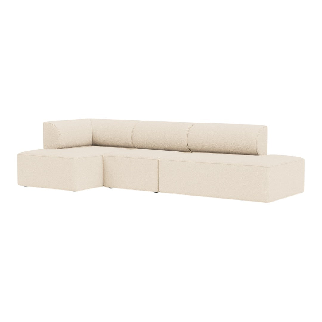 Beige sectional sofa with a modern minimalist design and smooth, uniform upholstery. Perfect for any living space.