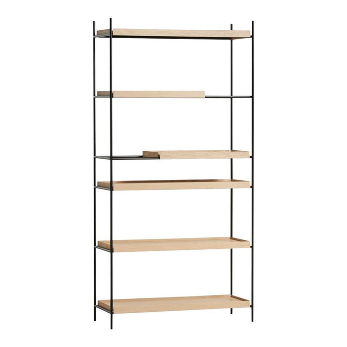 Minimalist black metal shelving unit with natural wood shelves, featuring clean lines and a sleek design.