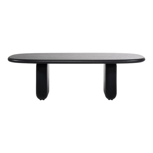 Black oval table with smooth surface and two rounded legs, showcasing a modern minimalist design.