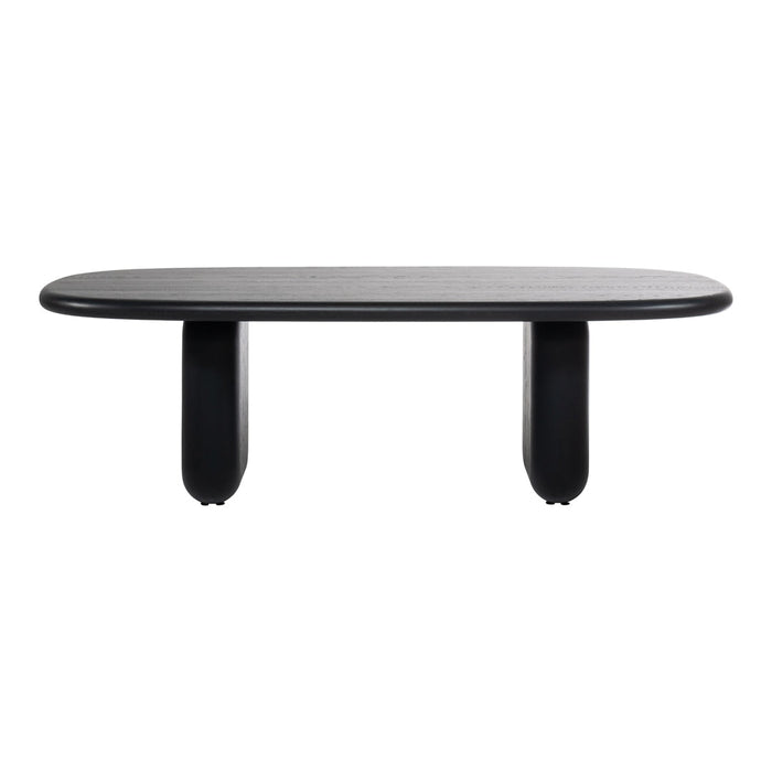 Black oval table with smooth surface and two rounded legs, showcasing a modern minimalist design.