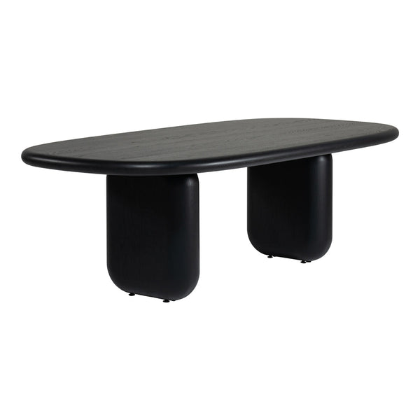 Sleek black oval dining table with smooth surface and rounded pedestal legs, showcasing minimalist modern design.