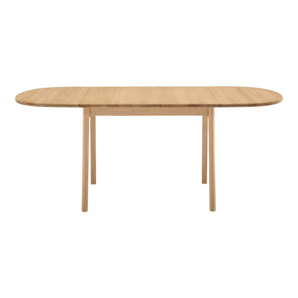 Light wood dining table with a smooth, natural grain finish and modern oval shape, featuring simple wooden legs.