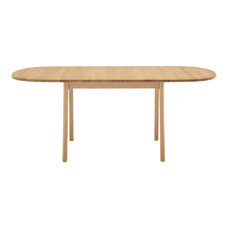 Light wood dining table with a smooth, natural grain finish and modern oval shape, featuring simple wooden legs.