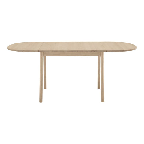 Light oak oval dining table with a smooth finish and natural wood grain pattern. Elegant and contemporary design.