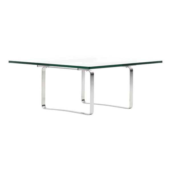 Clear glass square coffee table with a sleek chrome base, showcasing a modern minimalist design.