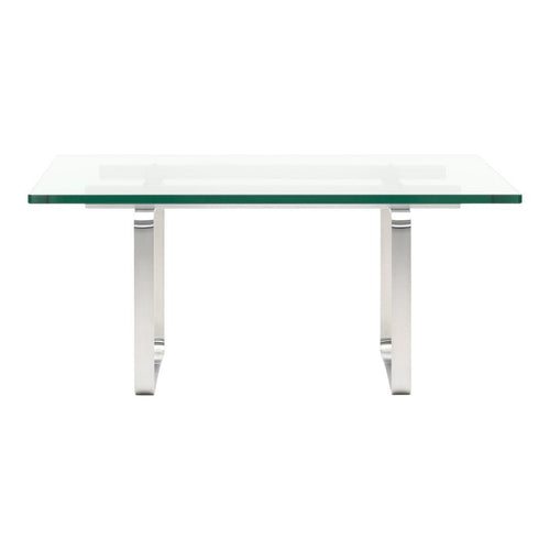 Clear glass table with sleek chrome legs, featuring a minimalist design and modern elegance. Perfect for contemporary spaces.