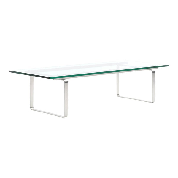 Modern glass coffee table with a transparent top and sleek silver metal legs, showcasing a minimalist design.