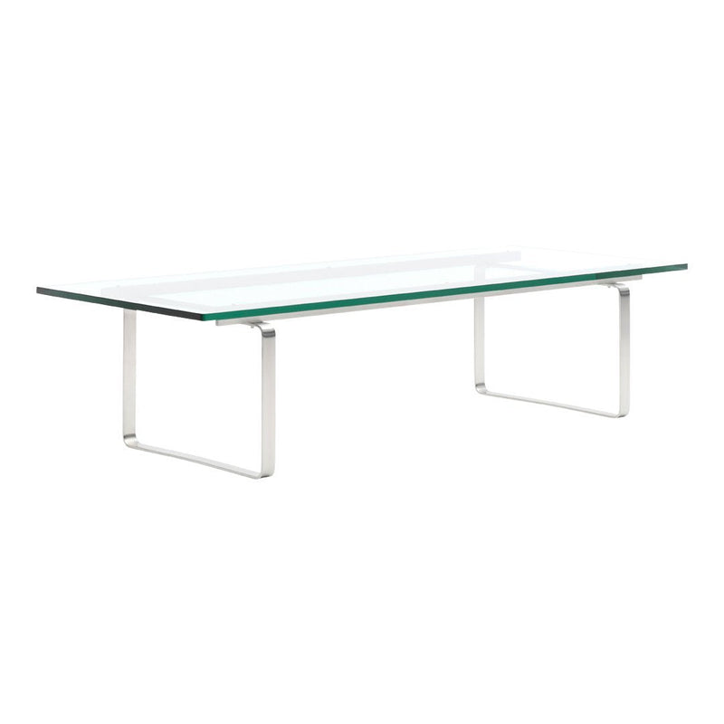 Modern glass coffee table with a transparent top and sleek silver metal legs, showcasing a minimalist design.