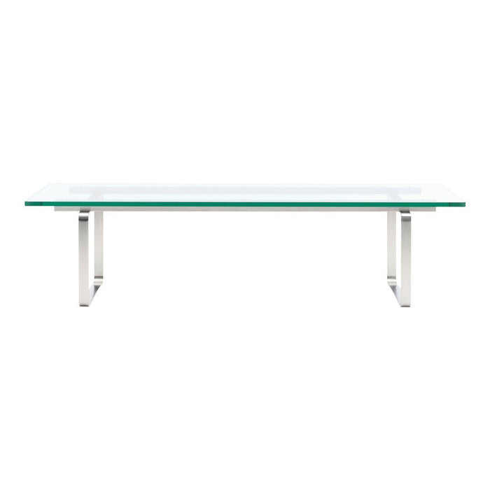 Rectangular glass coffee table with clear top and sleek silver metal legs, featuring a modern, minimalist design.