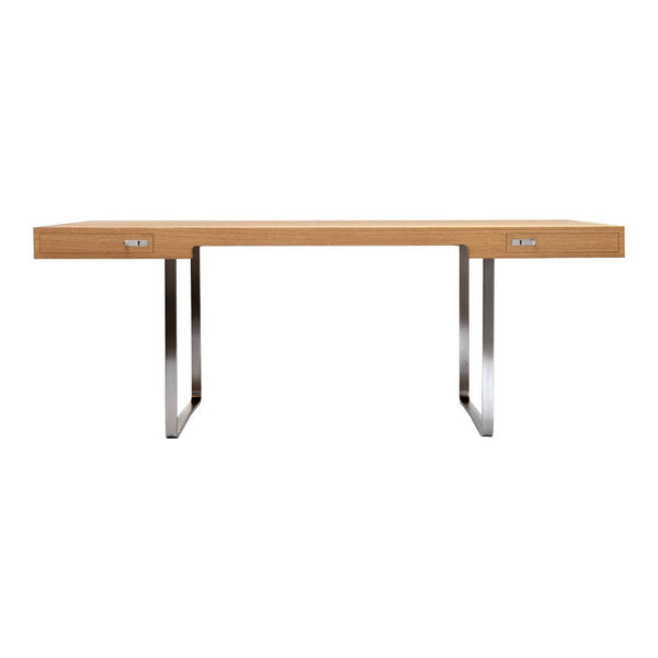 Modern wood desk with a warm oak finish and sleek stainless steel legs. Minimalist design with two silver drawer handles.