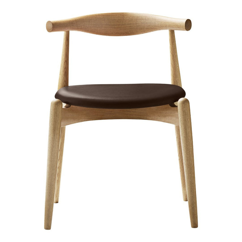 Natural wood chair with a light oak finish and a dark brown cushion. Minimalist design, no patterns.