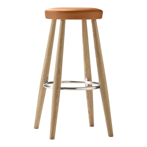 Wooden bar stool with a natural wooden finish and a warm orange-brown seat, featuring a sleek chrome footrest.