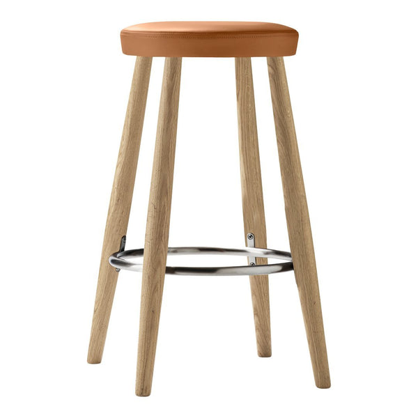 Wooden bar stool with a light wood finish and a warm orange seat. Simple, modern design with no visible patterns.