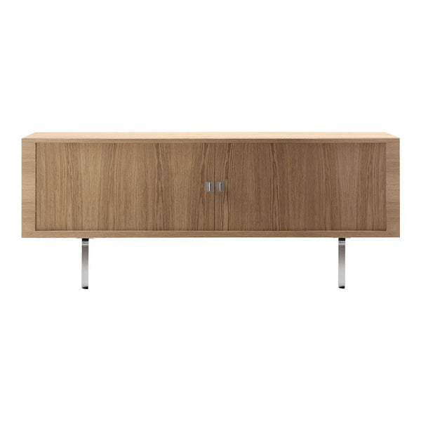 Modern wooden sideboard in warm oak finish with sleek silver metal legs and minimalist design. Perfect for contemporary decor.