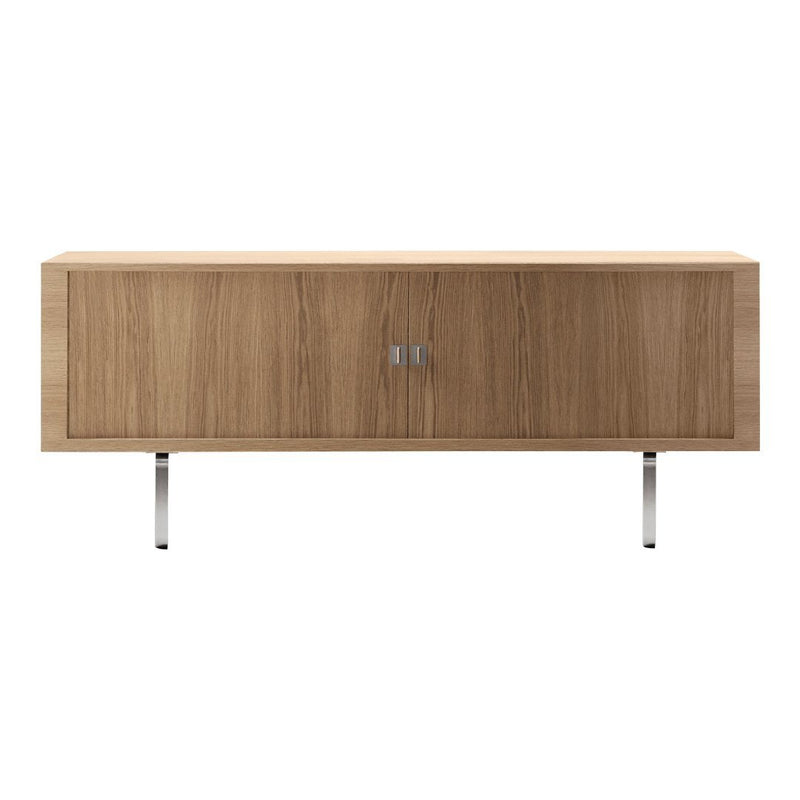Modern wooden sideboard in warm oak finish with sleek silver metal legs and minimalist design. Perfect for contemporary decor.