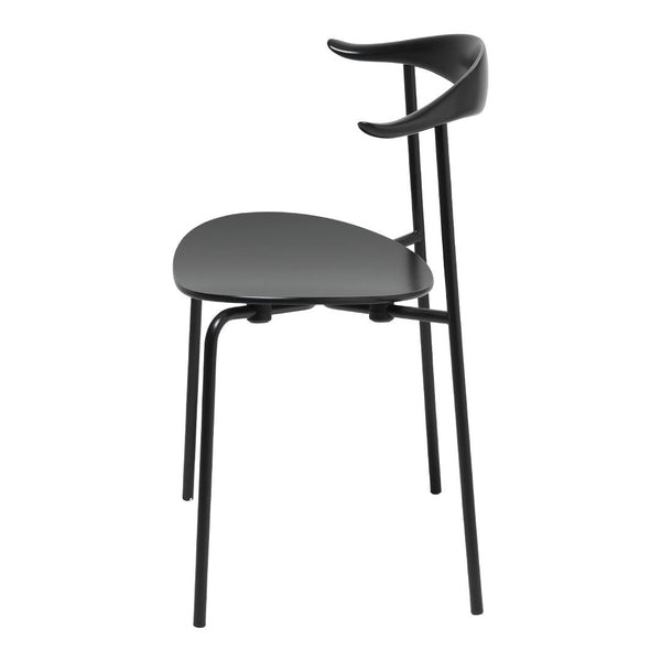 Black and gray chair with sleek, minimalist design and smooth curves, accentuated by a modern, structured frame.