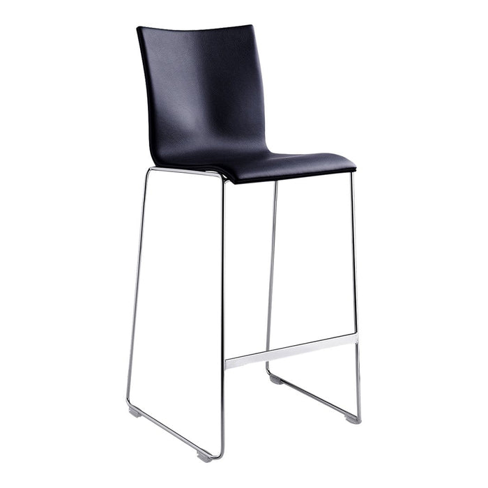 Black modern bar stool with a sleek, smooth design and a chrome base. Ideal for contemporary decor.