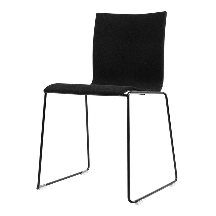 Black minimalist chair with a sleek design and simple black metal legs. Perfect for modern decor.