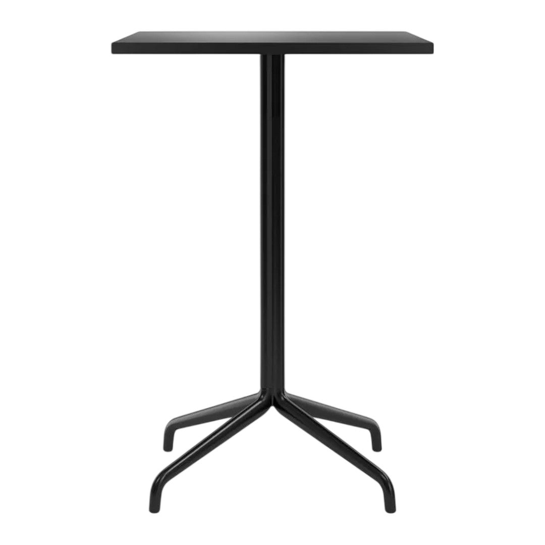 Black square table with a minimalist design and a sleek, four-pronged base. Ideal for modern spaces.