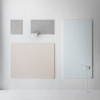 "Neutral color palette featuring soft beige, muted gray, and light blue patterns on textured wall panels."