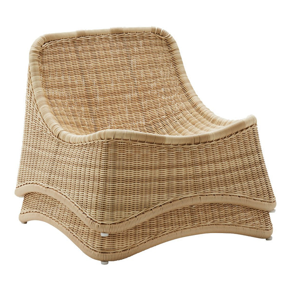 Natural woven rattan chair in light beige with a textured, curved design, perfect for any cozy space.