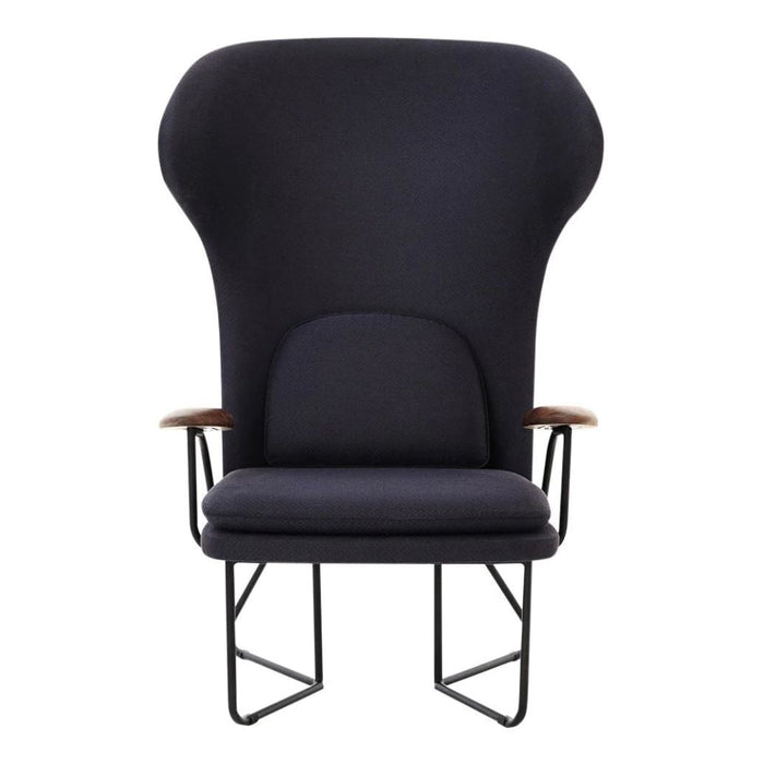 Elegant high-back chair in deep black fabric with sleek metal legs and wooden armrests. Perfect for modern decor.