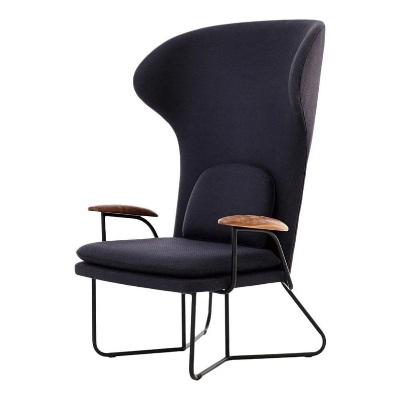 Stylish high-back chair in deep navy fabric with elegant wooden armrests and a sleek black metal frame.