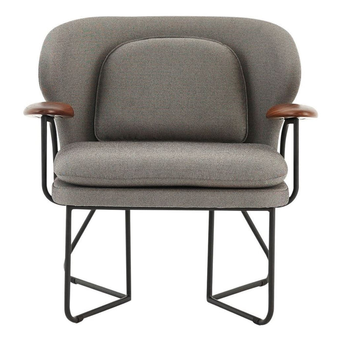 Gray upholstered chair with wooden armrests and a modern minimalist design on black metal legs.