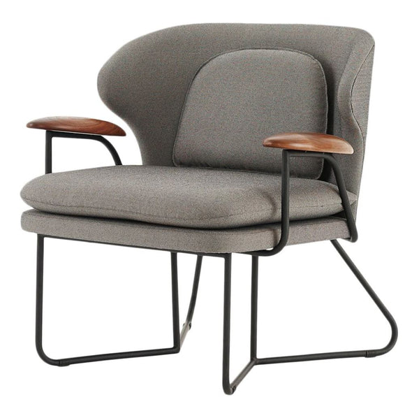 Gray fabric armchair with wooden armrests and minimalist black metal frame. Modern design with soft contours.