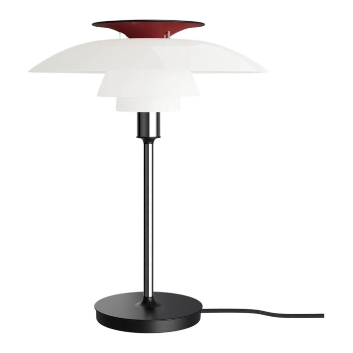 Modern lamp featuring a red top, layered white shades, and a sleek black base for a stylish contrast.