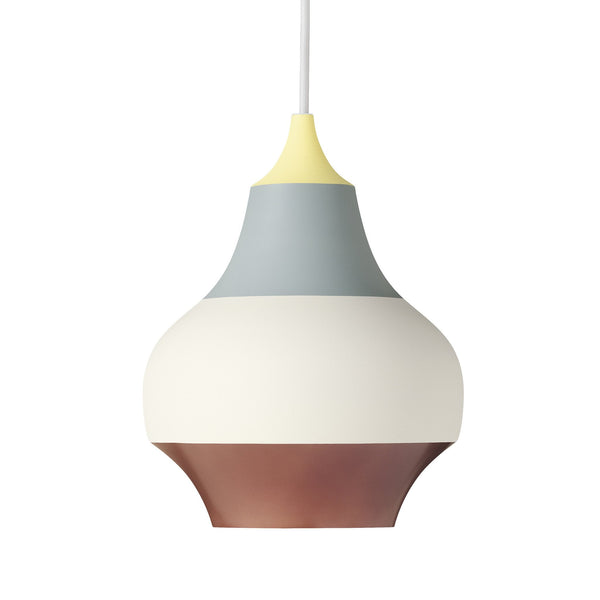 Colorful pendant lamp featuring a yellow top, light blue middle, white band, and a brown bottom. Modern design and sleek finish.