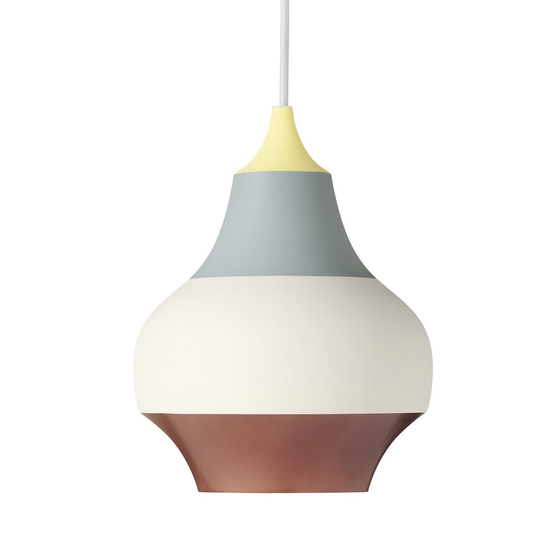 Colorful pendant lamp featuring a yellow top, light blue middle, white band, and a brown bottom. Modern design and sleek finish.