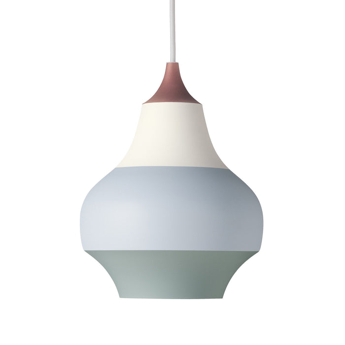 Multicolored pendant lamp with smooth, curved stripes in blush, white, light blue, and soft green hues.