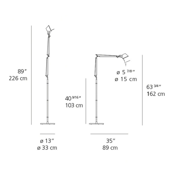 "Adjustable dual-arm floor lamp in sleek black finish with minimalist design and subtle metallic accents."