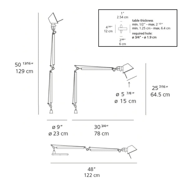 "Line drawing of adjustable lamp with minimalistic design; featuring sleek black and metallic accents."