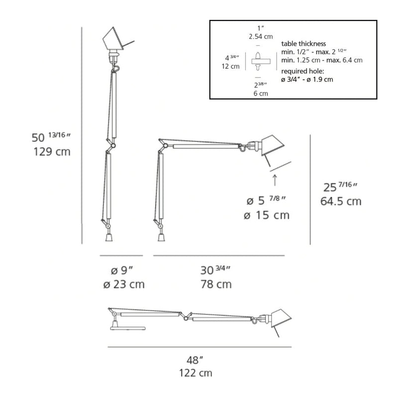 "Line drawing of adjustable lamp with minimalistic design; featuring sleek black and metallic accents."
