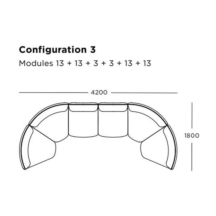 Illustration of a curved sectional sofa configuration with modular design, featuring a neutral color palette and clean lines.