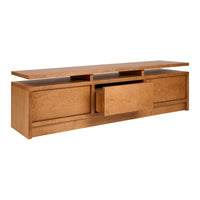 Light brown wooden TV stand with smooth surface and simple, modern design, featuring two drawers and a central open shelf.