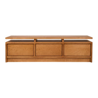 Natural oak wood TV stand with a smooth, minimalist design, featuring light brown hues and clean lines.