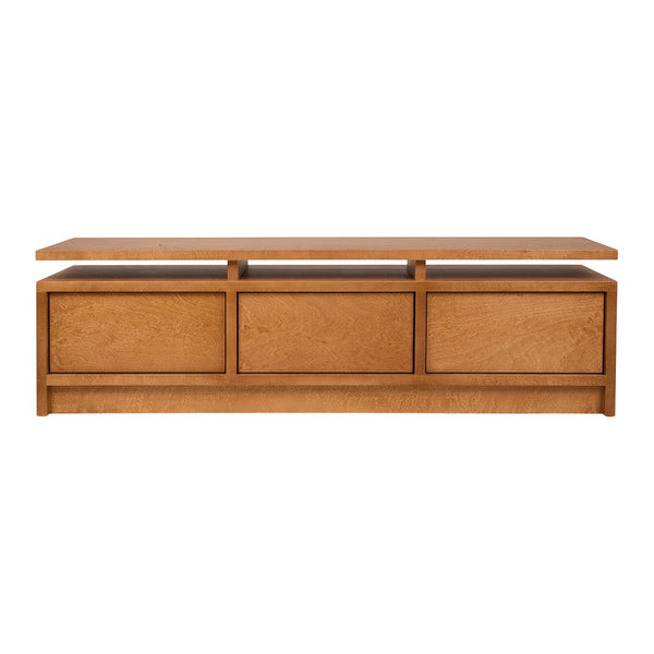 Natural oak wood TV stand with a smooth, minimalist design, featuring light brown hues and clean lines.