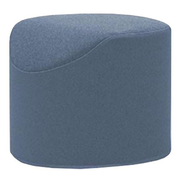Blue upholstered pouf with a smooth, curved top and a minimalist design, perfect for modern decor.