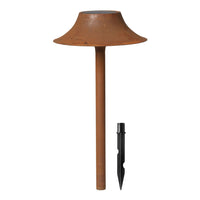 Rustic brown metal landscape light with a sleek black ground stake. Simple, elegant design for outdoor lighting.