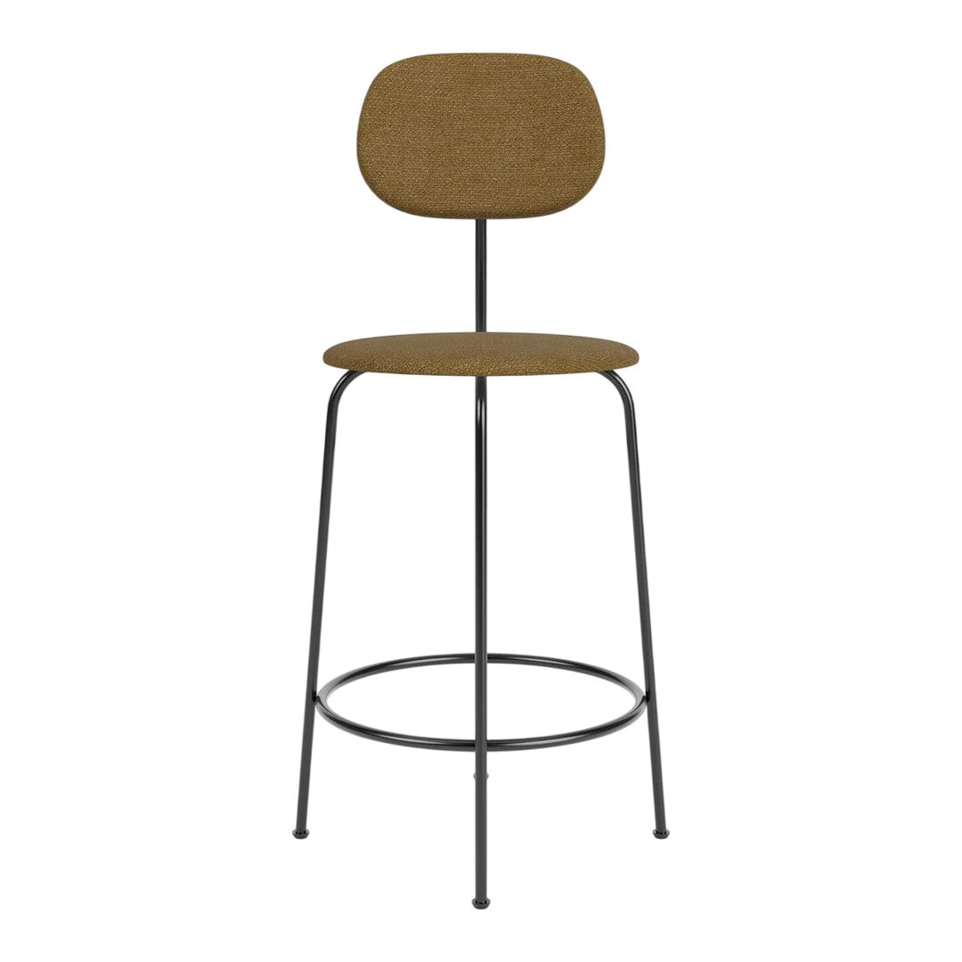 Brown upholstered bar stool with a sleek black metal frame, featuring a minimalist design and smooth, solid patterns.