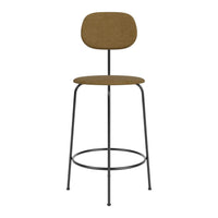 Brown upholstered bar stool with a sleek black metal frame, featuring a minimalist design and smooth, solid patterns.