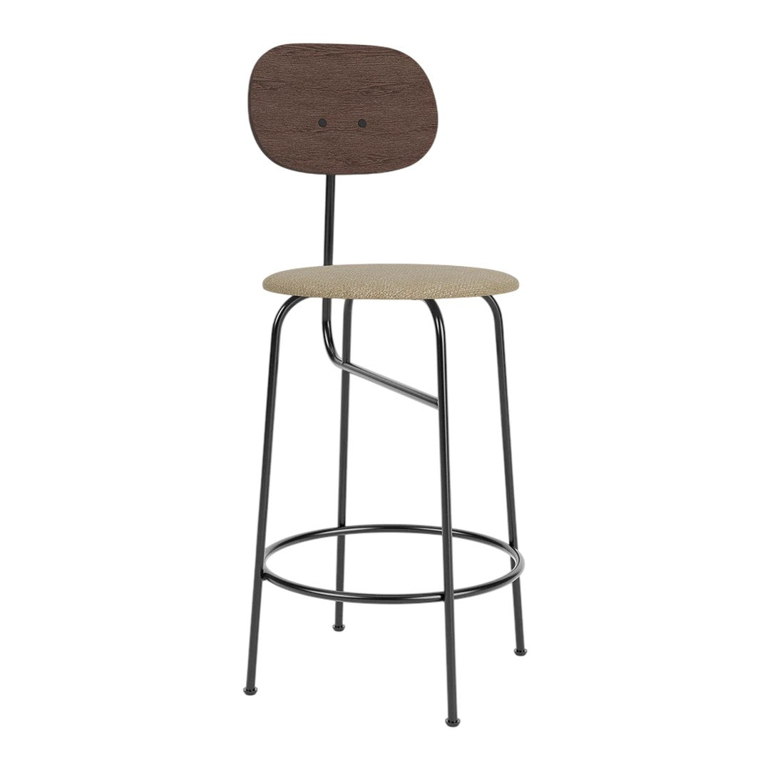Minimalist bar stool with a natural wood seat, dark brown backrest, and black metal frame. Simple and stylish design.