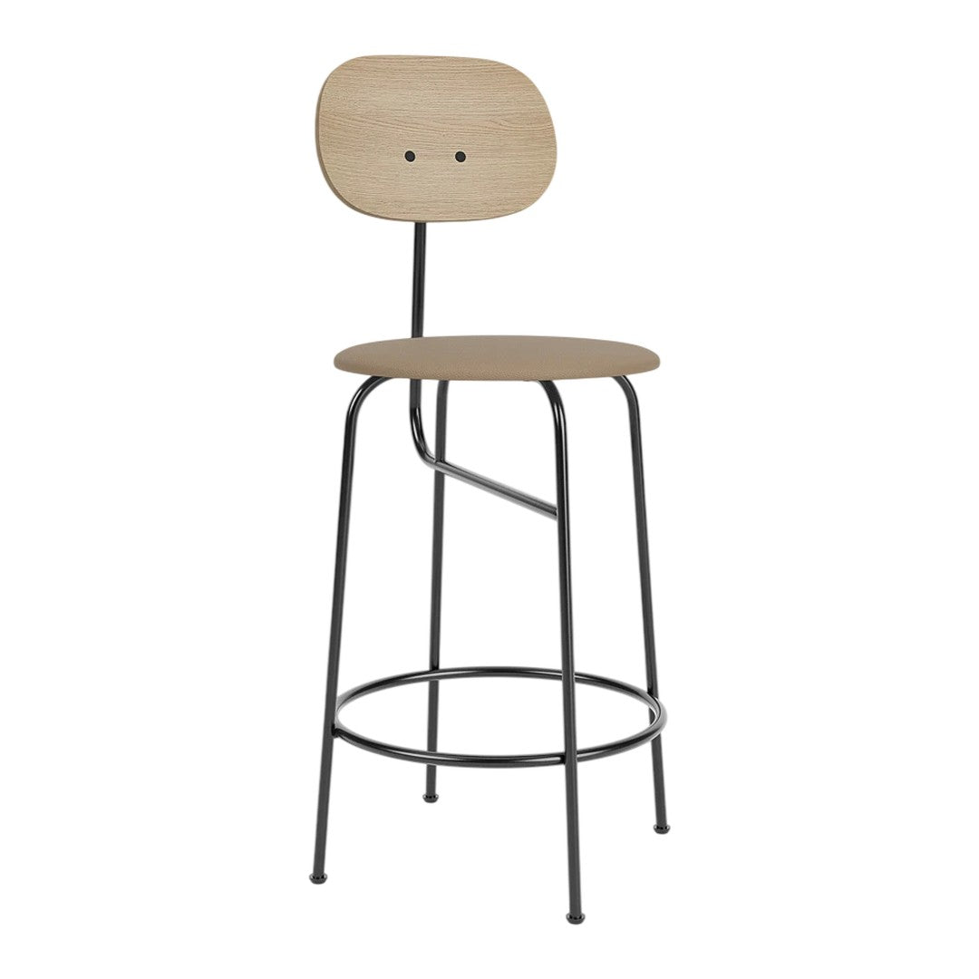 Natural wood bar stool with a minimalist design, featuring a light wood seat and backrest paired with sleek black metal legs.