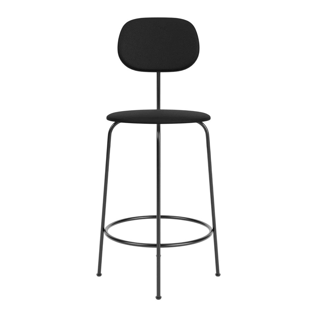 Black minimalist bar stool with a sleek, smooth silhouette, featuring a solid color without patterns.