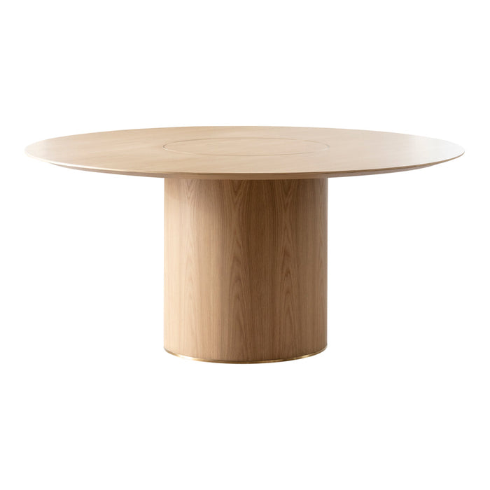 Round wooden table in natural light oak finish with a smooth, minimalist design and solid cylindrical base.